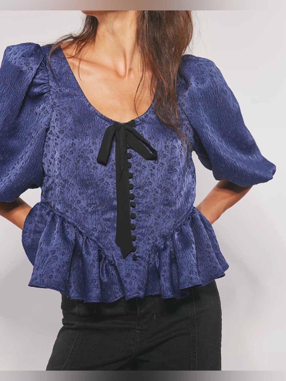 Free People Pamela Bow Top Navy Jacquard Puff Sleeve Blouse Size M NWT $168
